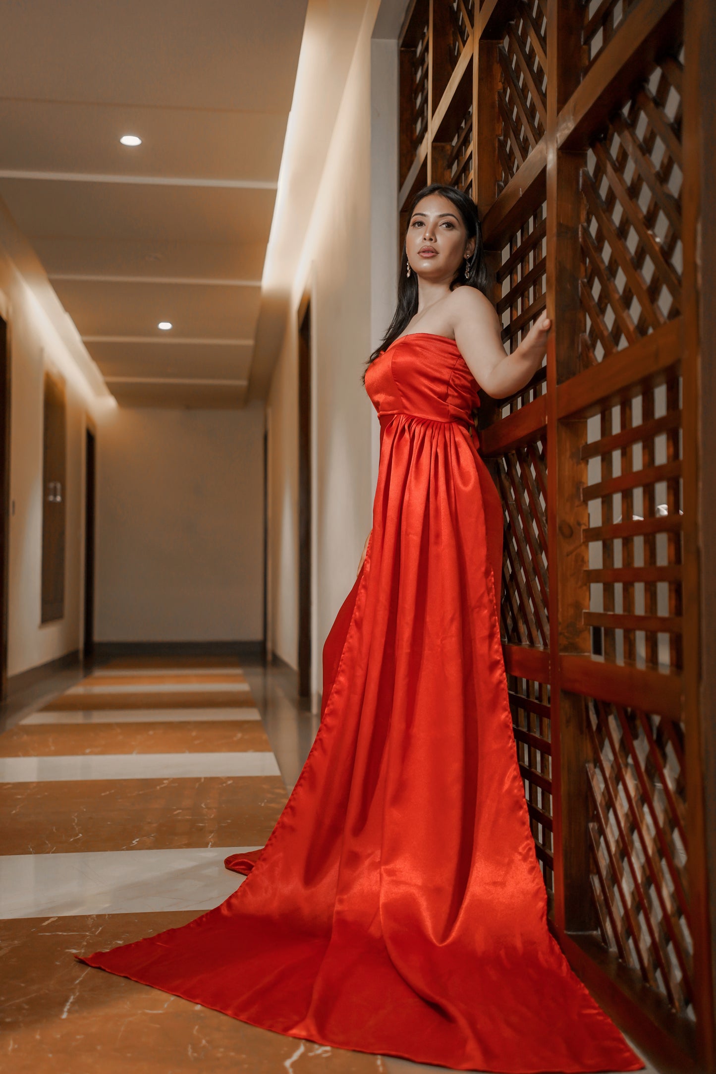Touch Of Glamour Satin Gown With Side Slit - RED