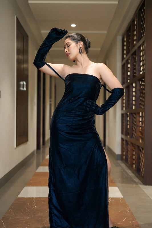 Classic Velvet Long Dress With Gloves