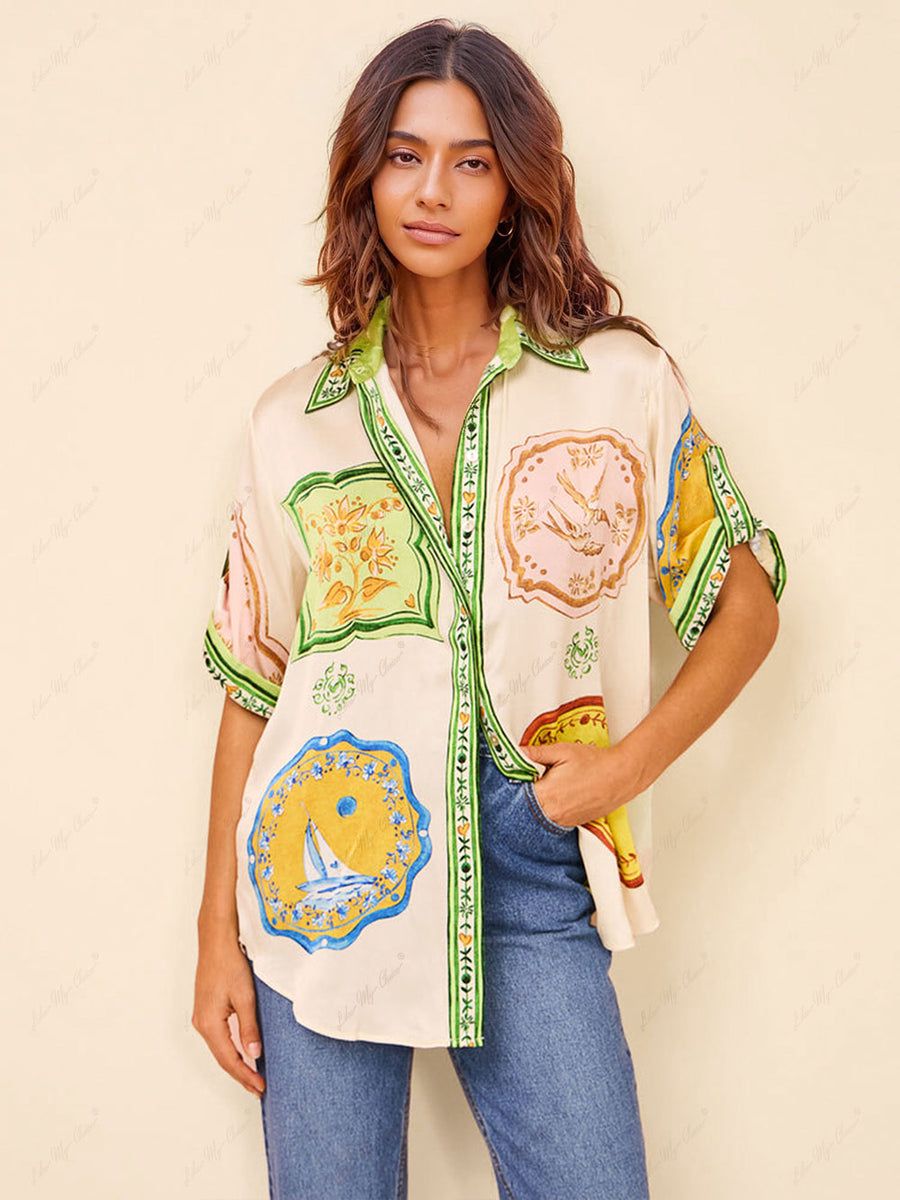 Cream Unique Ethnic Print Shirt Shorts Set