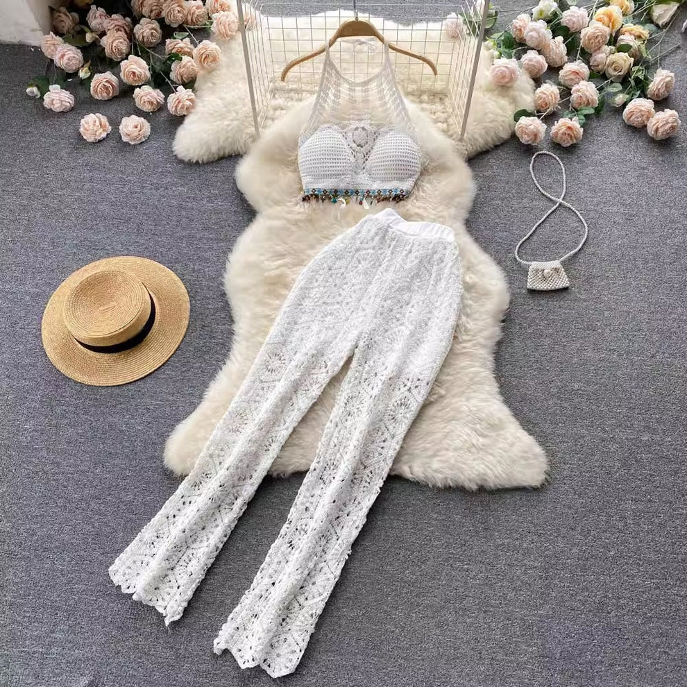 Amber Two Piece Crochet Top Pant Co-ord Set